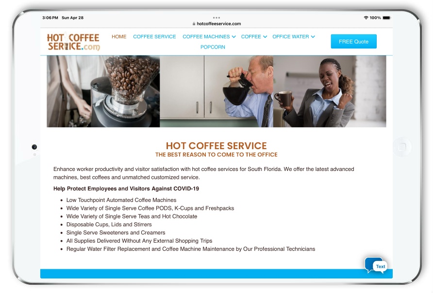 hot coffee service home page on ipad