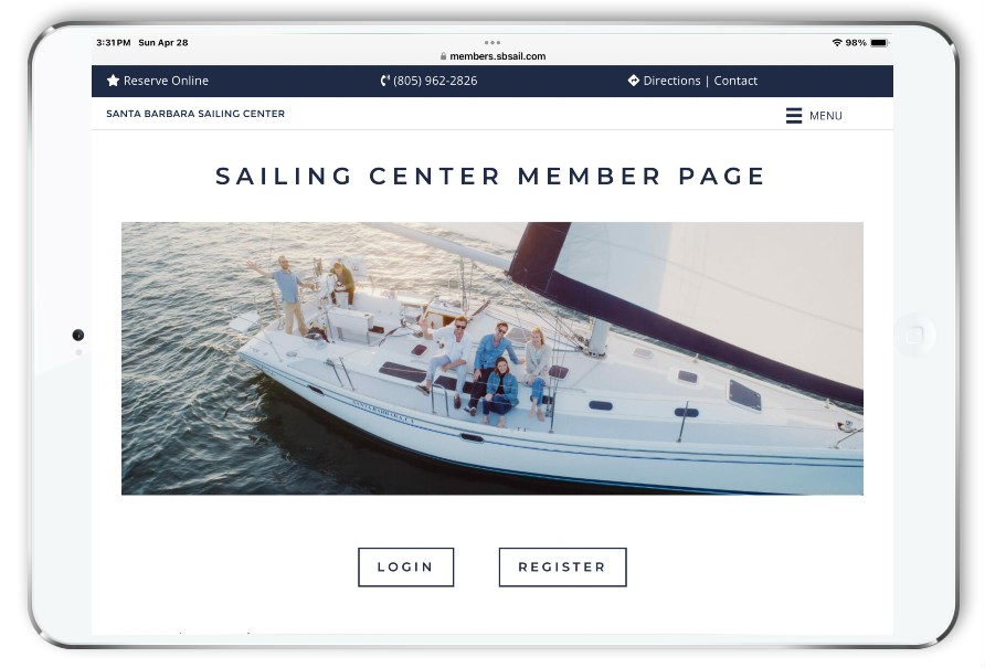 membership organization website - santa barbara sailing club member portal responsive view