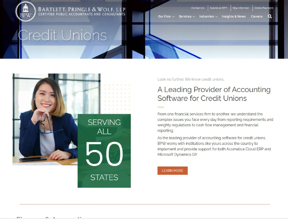 Bartlett, Pringle & Wolf CPA firm website highlighting financial services and team expertise