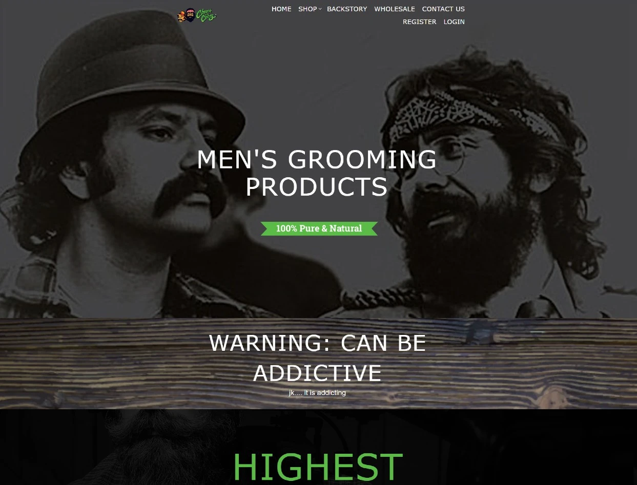 Cheech and Chong Grooming e-commerce website with bold branding and product features