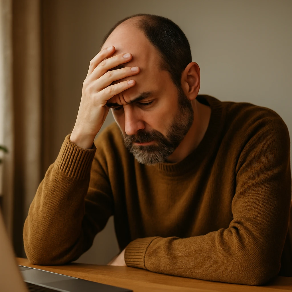 impacted by trump or doge Man looking stressed in front of a laptop, representing economic uncertainty tied to Trump tariffs, Musk and Doge headlines, and lost work