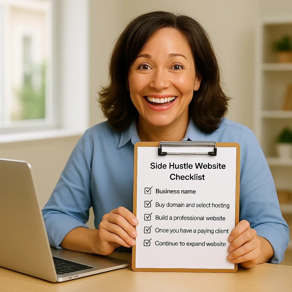 side-hustle-website-checklist-middle-aged-woman-hero Middle-aged woman holding a Side Hustle Website Checklist on a clipboard while seated at a desk with a laptop