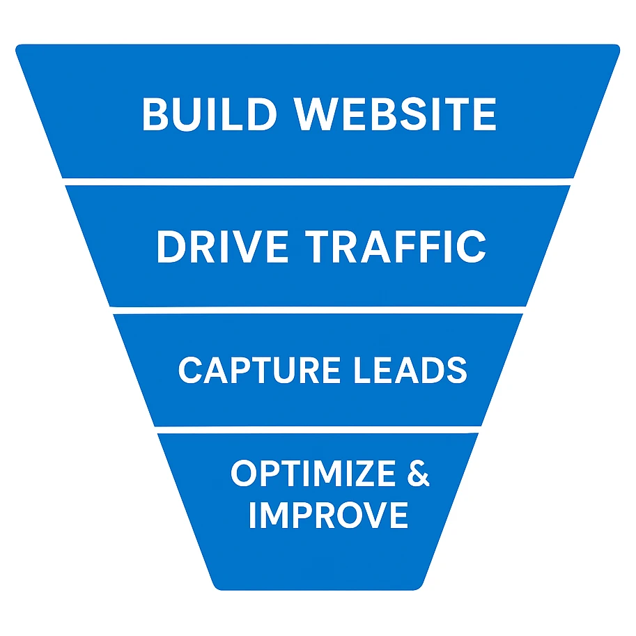 Four-Step Marketing Funnel: Discovery, Strategy, Implementation, Optimization Four-step marketing funnel graphic with labeled sections: Discovery, Strategy, Implementation, Optimization, designed to show a simple marketing process for small businesses.