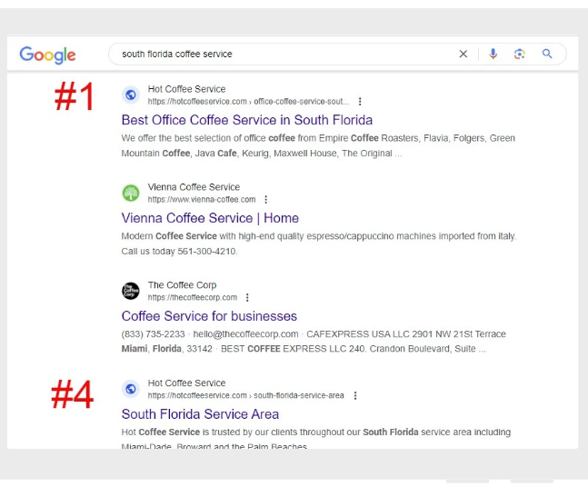 Google search results screenshot showing #1 SEO ranking achieved for client keyword "South Florida coffee service"