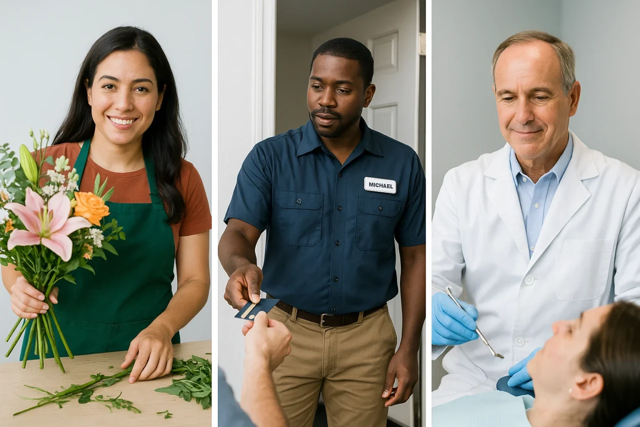 Who We Help — Small Business Owner Profiles Triptych image featuring a Hispanic florist arranging flowers, an African American technician accepting a credit card, and an older dentist treating a patient, representing diverse small business owners.