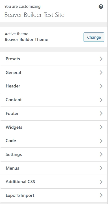Screenshot showing Beaver Builder Theme Customizer menu with 11 sections including Header, Footer, and Typography options