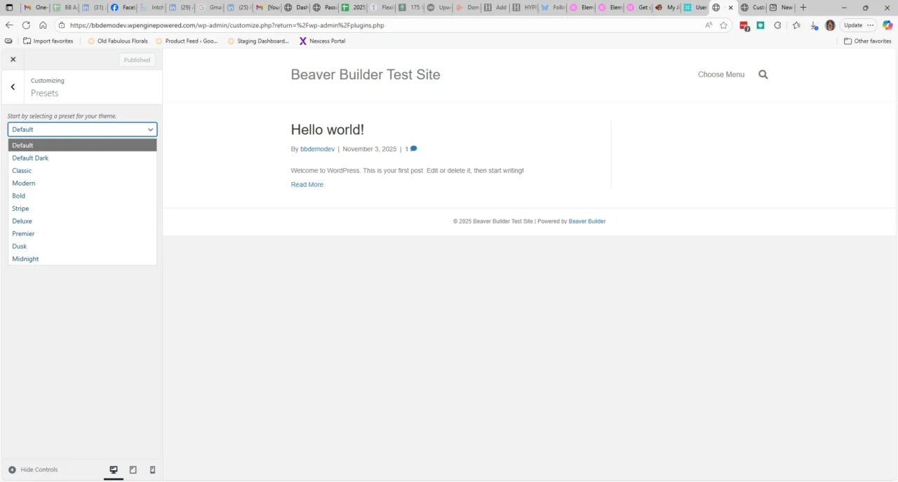 Screenshot displaying Beaver Builder Theme design presets including Classic, Modern, Bold, and Stripe.