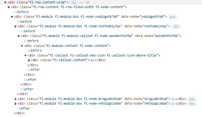 HTML code inspection showing Beaver Builder callout module markup with 8 wrapper divs and clean class names like fl-callout-content