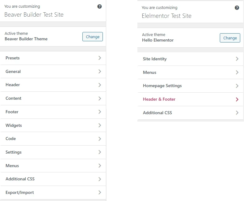Side-by-side comparison of Elementor Hello Theme Customizer and Beaver Builder Theme Customizer showing design controls