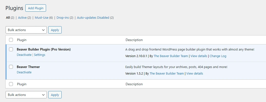 eaver Builder Pro and Beaver Themer plugins activated in WordPress staging environment