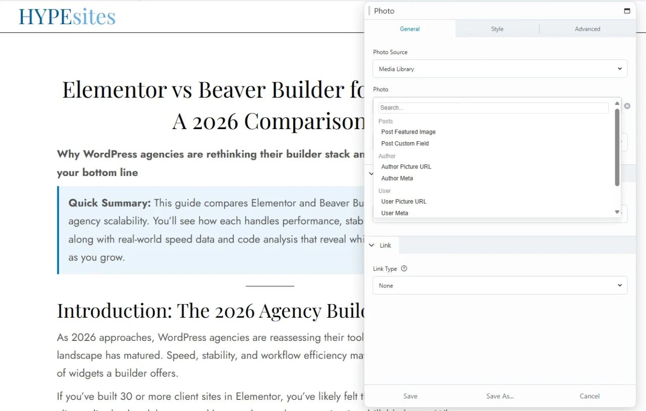 Beaver Themer field connection dropdown showing Post Featured Image, Post Custom Field, Author Picture URL, Author Meta, User Picture URL, and User Meta options
