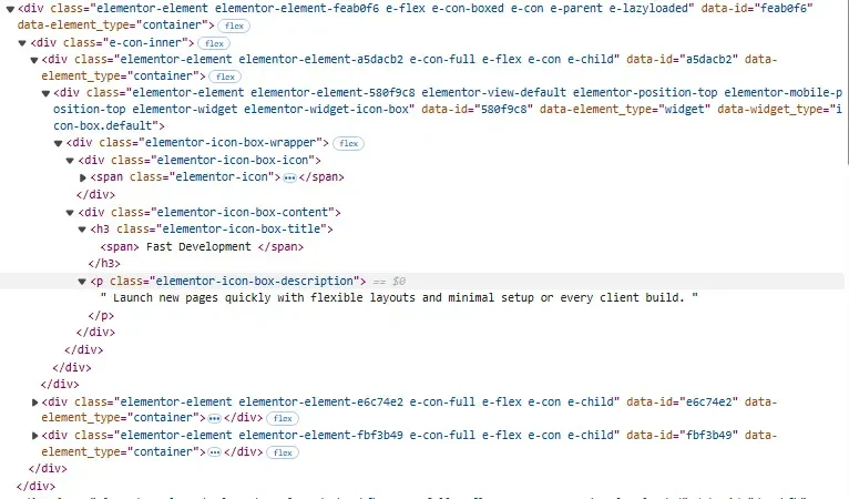 HTML code inspection showing Elementor icon box markup with 11 wrapper divs and longer class names like elementor-element-fea80f6-e-flex