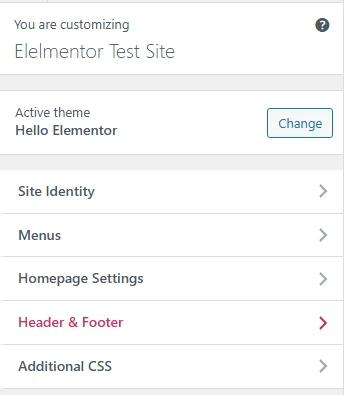 Hello Theme minimal customizer showing only Site Identity, Menus, Homepage Settings, Header and Footer, and Additional CSS sections