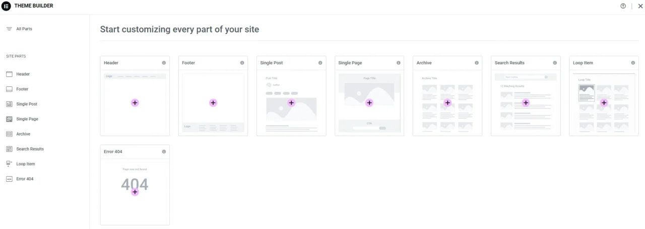 Elementor Theme Builder interface showing Header, Footer, Single Post, Single Page, Archive, Search Results, Loop Item, and Error 404 template cards with add new buttons
