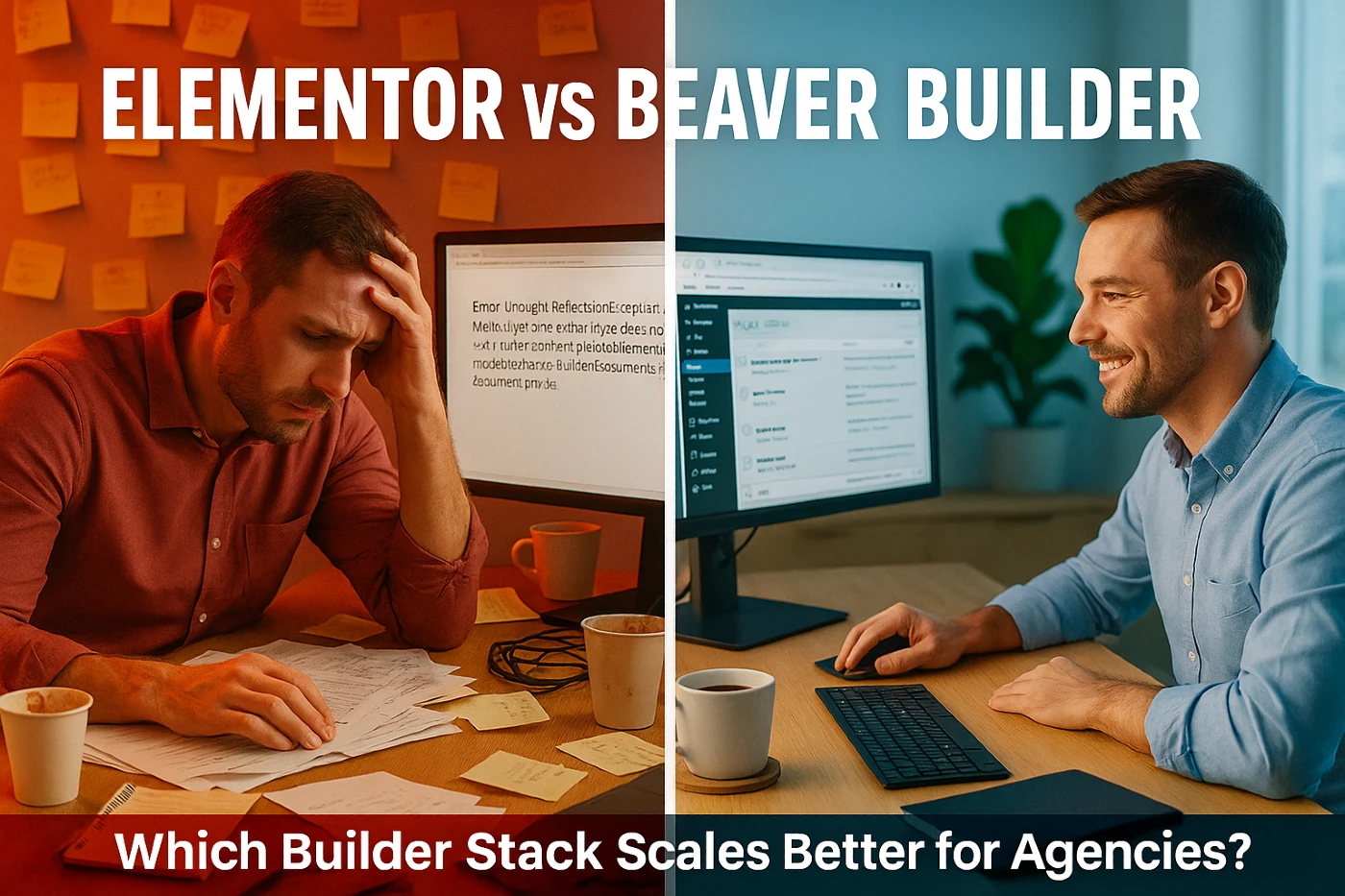 elementor-vs-beaver-builder-agencies-2026 Split-screen comparison of two developers representing Elementor vs Beaver Builder workflows — chaos vs control.