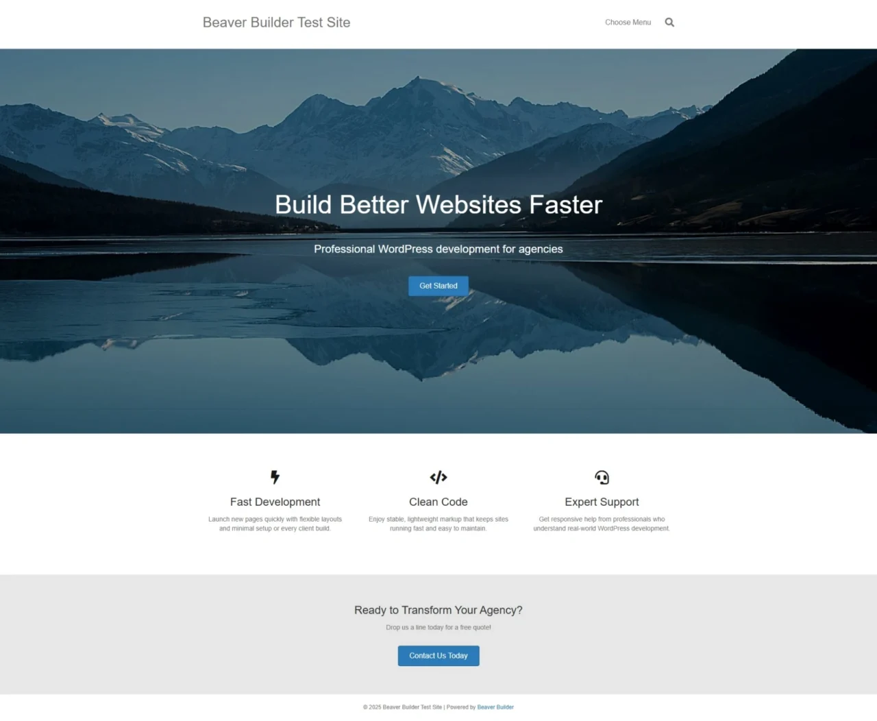 Landing page built with Beaver Builder showing hero section with Build Better Websites Faster headline, three feature callouts, and CTA section
