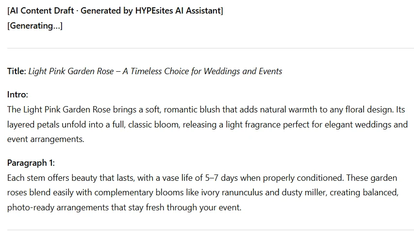 AI-generated product description for light pink garden rose created by HYPEsites AI Assistant
