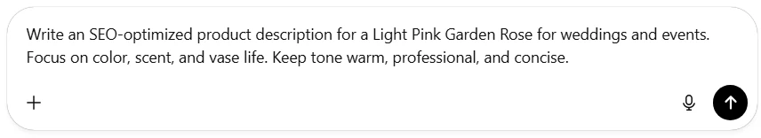 User entering product description prompt for a light pink garden rose using AI content generator