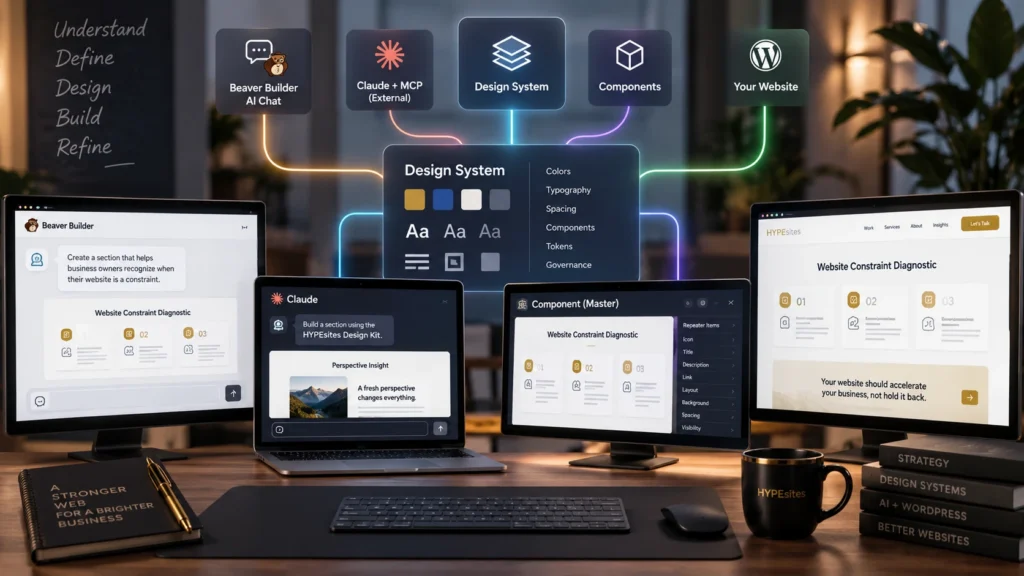Beaver Builder AI workflow connecting AI Chat, Claude MCP, a shared design system, reusable components, and a WordPress website