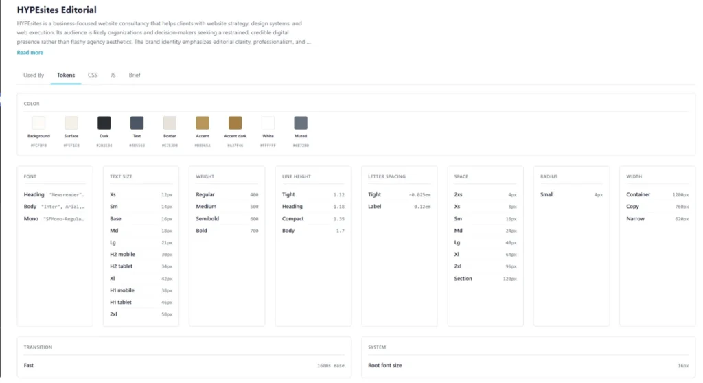 Beaver Builder AI HYPEsites Editorial Design System showing design tokens
