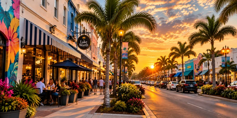 Downtown Lake Worth Beach with shops, restaurants and palm-lined streets at sunset