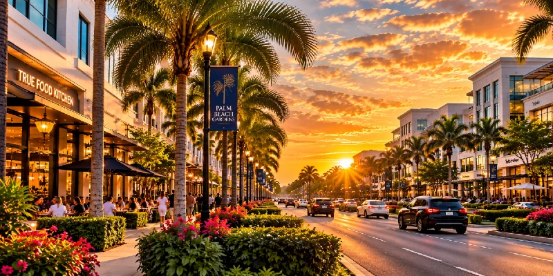 Palm Beach Gardens business district with shops, restaurants and palm-lined streets at sunset