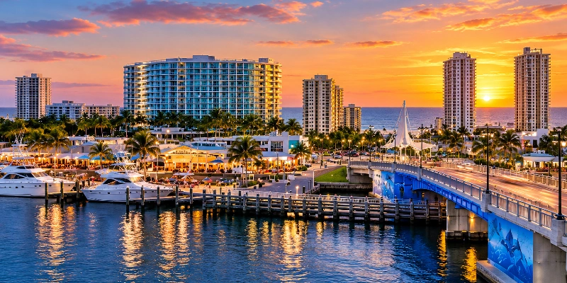 Pompano Beach marina, bridge and oceanfront skyline at sunset