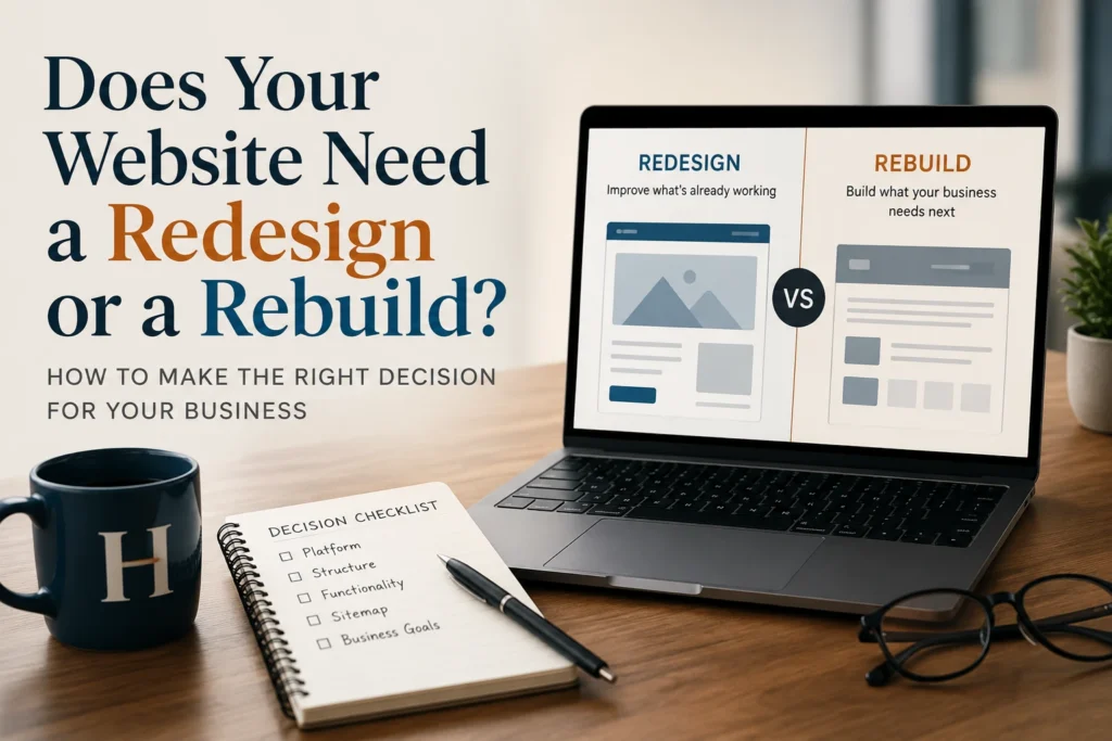 Website redesign vs rebuild comparison showing the key factors used to decide which approach a business needs