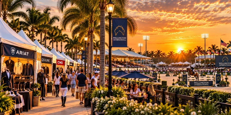 Wellington equestrian event with vendor village, show jumping and spectators at sunset