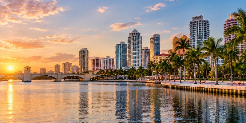 West Palm Beach skyline and Intracoastal Waterway at sunset
